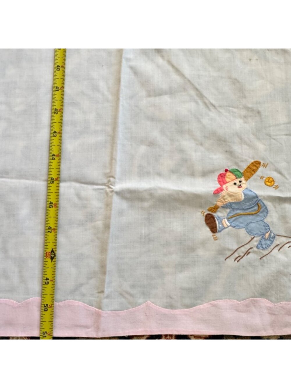 Vintage Embroidered Baby Crib Flat Sheet Jump Rope Skiing Baseball White Pink - Picture 3 of 9